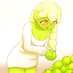 Size: 1929x1929 | Tagged: safe, artist:sigpi, granny smith, anthro, g4, apple, breasts, cleavage, clothes, female, food, human facial structure, solo, stupid sexy young granny smith, sweater, young granny smith, younger
