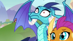 Size: 1920x1080 | Tagged: safe, screencap, princess ember, smolder, dragon, g4, school daze, claws, covering ears, discovery family logo, dragoness, duo, faic, female, frown, giving in, hands on head, horns, humorus, shrunken pupils, slit pupils, solo focus, spread wings, teenaged dragon, teenager, wide eyes, wings