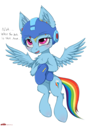 Size: 1449x1968 | Tagged: safe, artist:orang111, rainbow dash, pegasus, pony, g4, cheek fluff, chest fluff, clothes, cosplay, costume, cute, dashabetes, dialogue, ear fluff, female, fixed, fluffy, flying, helmet, implied anon, mare, mega man (series), offscreen character, simple background, solo, white background