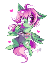 Size: 600x750 | Tagged: safe, artist:ipun, oc, oc only, oc:spectral wind, pegasus, pony, chopsticks, dexterous hooves, female, food, heart eyes, mare, ponies eating meat, simple background, solo, sushi, transparent background, watermark, wingding eyes