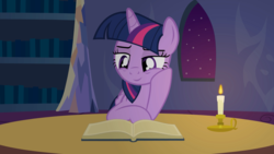 Size: 1920x1080 | Tagged: safe, artist:agrol, twilight sparkle, alicorn, pony, g4, book, candle, cute, female, mare, night, reading, show accurate, smiling, solo, stars, that pony sure does love books, twilight sparkle (alicorn)