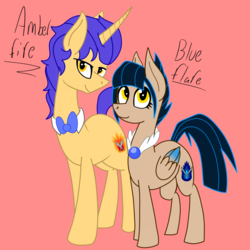 Size: 5000x5000 | Tagged: safe, artist:chelseawest, oc, oc only, oc:amber fire, oc:blue flare, pony, unicorn, absurd resolution, female, male, mare, pink background, simple background, stallion