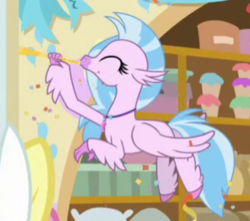 Size: 295x261 | Tagged: safe, screencap, silverstream, classical hippogriff, hippogriff, g4, school daze, cropped, eyes closed, female, flying, solo