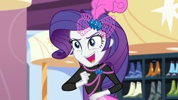 Size: 1280x720 | Tagged: safe, screencap, rarity, display of affection, equestria girls, g4, my little pony equestria girls: better together, bow, clothes, curtains, determined, jewelry, necklace, shoes