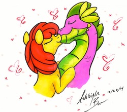 Size: 1024x904 | Tagged: safe, artist:pitterpaint, apple bloom, spike, dragon, pony, cute, female, heart, hearts and hooves day, kissing, love, male, mare, older, older apple bloom, older spike, romantic, shipping, simple background, spikebloom, straight
