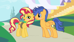 Size: 4000x2248 | Tagged: safe, artist:3d4d, flash sentry, sunset shimmer, pegasus, pony, unicorn, g4, blushing, female, male, mare, ship:flashimmer, shipping, smiling, stallion, straight