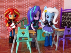 Size: 1600x1200 | Tagged: safe, artist:whatthehell!?, starlight glimmer, sunset shimmer, trixie, equestria girls, g4, boots, chair, chalkboard, classroom, clothes, desk, doll, equestria girls minis, gem, guitar, irl, jacket, photo, school, shoes, skirt, toy