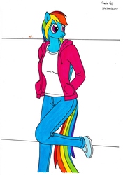 Size: 2466x3496 | Tagged: safe, artist:killerteddybear94, rainbow dash, anthro, g4, clothes, female, hand in pocket, high res, hoodie, jeans, multicolored hair, multicolored tail, pants, requested art, shoes, solo