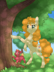 Size: 1200x1600 | Tagged: safe, artist:jackiebloom, big macintosh, pear butter, earth pony, pony, g4, baby, baby pony, colt, dappled sunlight, duo, female, foal, male, mare, mother and son, rearing, tree, younger