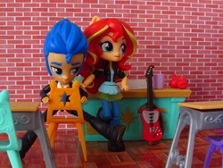 Size: 1600x1200 | Tagged: safe, artist:whatthehell!?, flash sentry, sunset shimmer, equestria girls, g4, apple, boots, chair, classroom, clothes, desk, doll, equestria girls minis, female, food, guitar, irl, jacket, male, pair, pants, photo, school, ship:flashimmer, shipping, shoes, straight, toy, tuxedo