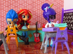 Size: 1480x1110 | Tagged: safe, artist:whatthehell!?, flash sentry, sci-twi, sunset shimmer, twilight sparkle, equestria girls, g4, apple, book, boots, chair, chalkboard, classroom, clothes, desk, doll, equestria girls minis, eqventures of the minis, female, food, guitar, irl, jacket, male, pair, pants, photo, school, ship:flashimmer, ship:flashlight, shipping, shoes, straight, toy, triangle, tuxedo