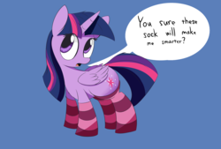 Size: 3496x2362 | Tagged: safe, artist:taurson, twilight sparkle, alicorn, pony, g4, clothes, dialogue, female, high res, mare, simple background, socks, solo, speech bubble, striped socks, twilight sparkle (alicorn)