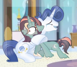 Size: 2033x1773 | Tagged: safe, artist:spectrumnightyt, oc, oc only, oc:mystery moonlight, oc:spectrum night, pony, unicorn, crying, female, hug, mare, offspring, parent:rarity, parent:soarin', parents:soarity, solo, tears of joy