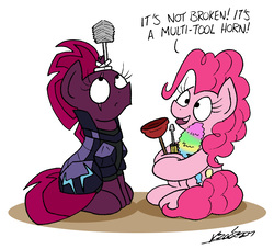 Size: 1726x1566 | Tagged: safe, artist:bobthedalek, pinkie pie, tempest shadow, earth pony, pony, unicorn, g4, my little pony: the movie, armor, dialogue, duo, duster, eye scar, female, mare, plunger, prosthetic horn, prosthetics, scar, screwdriver, simple background, sitting, toilet brush, white background