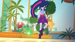 Size: 2208x1242 | Tagged: safe, screencap, sci-twi, twilight sparkle, equestria girls, equestria girls series, g4, my little shop of horrors, apron, boots, celestia's house, clothes, female, glowing, magic, palm tree, plants, ponytail, raised leg, rear view, shoes, skirt, solo, tree, watering can