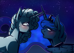Size: 3500x2500 | Tagged: safe, artist:lrusu, princess luna, star swirl the bearded, alicorn, pony, unicorn, g4, female, high res, looking at each other, lunaswirl, male, mare, night, open mouth, shipping, stallion, straight, younger