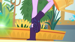 Size: 2208x1242 | Tagged: safe, screencap, sci-twi, twilight sparkle, equestria girls, equestria girls series, g4, my little shop of horrors, boots, glowing, legs, magic, pictures of legs, plants, raised leg, shoes, solo, watering can
