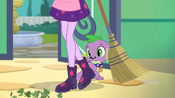 Size: 2208x1242 | Tagged: safe, screencap, sci-twi, spike, spike the regular dog, twilight sparkle, dog, equestria girls, equestria girls series, g4, my little shop of horrors, apron, boots, broom, celestia's house, clothes, discovery family logo, fountain, leaves, legs, paws, pictures of legs, raised leg, shoes, skirt