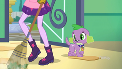 Size: 2208x1242 | Tagged: safe, screencap, sci-twi, spike, spike the regular dog, twilight sparkle, dog, equestria girls, g4, my little pony equestria girls: better together, my little shop of horrors, apron, boots, broom, celestia's house, clothes, discovery family logo, fountain, leaves, legs, paws, pictures of legs, raised leg, shoes, skirt