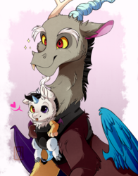 Size: 823x1050 | Tagged: safe, artist:hikariviny, discord, oc, oc:chaotic, draconequus, hybrid, g4, :p, baby, baby carrier, cheek fluff, chest fluff, cute, discute, ear fluff, father and son, female, filly, fluffy, happy, heart, heterochromia, interspecies offspring, like father like son, like parent like child, male, mlem, neck fluff, ocbetes, offspring, parent:discord, parent:princess celestia, parents:dislestia, silly, simple background, smiling, sparkles, tongue out