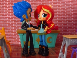 Size: 1520x1140 | Tagged: safe, artist:whatthehell!?, flash sentry, sunset shimmer, equestria girls, g4, apple, boots, chair, classroom, clothes, desk, doll, equestria girls minis, eqventures of the minis, female, food, irl, jacket, male, pair, pants, photo, school, ship:flashimmer, shipping, shoes, straight, toy, tuxedo