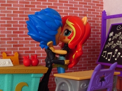 Size: 1400x1050 | Tagged: safe, artist:whatthehell!?, flash sentry, sunset shimmer, equestria girls, g4, apple, boots, chair, classroom, clothes, desk, doll, equestria girls minis, female, food, guitar, irl, jacket, kissing, male, pair, pants, photo, school, ship:flashimmer, shipping, shoes, straight, toy, tuxedo