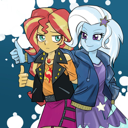 Size: 1000x1000 | Tagged: safe, artist:bojack_mlplove, sunset shimmer, trixie, equestria girls, equestria girls series, forgotten friendship, g4, clothes, cute, diatrixes, duo, geode of empathy, hairpin, hoodie, jacket, leather jacket, looking at you, skirt, smiling, thumbs up