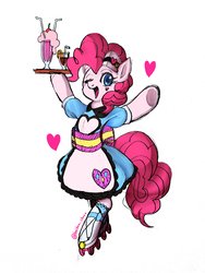 Size: 3024x4032 | Tagged: safe, artist:hosikawa, pinkie pie, earth pony, pony, coinky-dink world, eqg summertime shorts, equestria girls, apron, clothes, cute, diapinkes, equestria girls ponified, female, heart, human pony pinkie pie, looking at you, mare, milkshake, one eye closed, ponified, roller skates, server pinkie pie, simple background, solo, tray, white background, wink