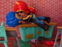 Size: 1400x1050 | Tagged: safe, artist:whatthehell!?, flash sentry, sunset shimmer, equestria girls, g4, apple, boots, chair, classroom, clothes, desk, doll, equestria girls minis, female, food, guitar, irl, jacket, kissing, male, pair, pants, photo, school, ship:flashimmer, shipping, shoes, straight, toy, tuxedo