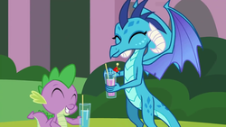 Size: 1280x720 | Tagged: safe, screencap, princess ember, spike, dragon, g4, school daze, baby, baby dragon, cute, dragoness, drink, drinking glass, drinking straw, duo, emberbetes, eyes closed, female, food, friends, grin, happy, just friends, male, smiling, spikabetes, spread wings, straw, strawberry, when she smiles, wings