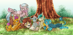 Size: 1024x488 | Tagged: safe, artist:inuhoshi-to-darkpen, gallus, ocellus, sandbar, silverstream, smolder, yona, changedling, changeling, classical hippogriff, dragon, earth pony, griffon, hippogriff, pony, yak, g4, school daze, season 8, book, bow, cloven hooves, colored hooves, compound eyes, cute, diaocelles, diastreamies, dragoness, elements of harmony, female, gallabetes, hair bow, jewelry, male, monkey swings, necklace, reading, sandabetes, smiling, smolderbetes, student six, teenager, tree, unshorn fetlocks, wallpaper, water, yonadorable