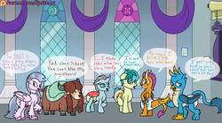 Size: 1800x1000 | Tagged: safe, artist:spritepony, gallus, ocellus, sandbar, silverstream, smolder, yona, changedling, changeling, classical hippogriff, dragon, griffon, hippogriff, yak, g4, season 8, classroom, dialogue, diaper, diaper fetish, fetish, happy, non-baby in diaper, patreon, patreon link, patreon logo, pose, speech, speech bubble, student six, text