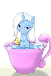 Size: 1500x2250 | Tagged: safe, artist:fotasy, trixie, pony, unicorn, g4, bath, bedroom eyes, blushing, cup, cute, female, looking at you, mare, rubber duck, smiling, soap bubble, solo, teacup, that pony sure does love teacups, we don't normally wear clothes