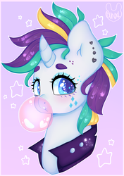 Size: 2429x3452 | Tagged: safe, artist:bunxl, rarity, pony, unicorn, g4, alternate hairstyle, bubblegum, ear piercing, earring, female, food, gum, heart, heart eyes, high res, jewelry, looking at you, mare, piercing, punk, raripunk, solo, starry eyes, wingding eyes