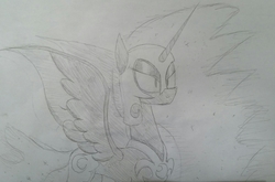 Size: 2754x1816 | Tagged: safe, artist:moonatik, nightmare moon, pony, g4, eyeshadow, female, makeup, monochrome, smiling, solo, spread wings, traditional art, wings