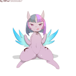 Size: 1200x1200 | Tagged: safe, artist:cold-blooded-twilight, twilight sparkle, alicorn, pony, cold blooded twilight, g4, belly button, both cutie marks, chest fluff, featureless crotch, female, licking, licking lips, looking at you, mare, simple background, smiling, solo, thick, tongue out, twilight sparkle (alicorn), white background