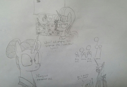 Size: 2668x1836 | Tagged: safe, artist:moonatik, nightmare moon, rarity, starlight glimmer, oc, oc:selenite, g4, alternate timeline, angry, clothes, europe, height difference, night maid rarity, nightmare takeover timeline, sketch, sketch dump, smug, soviet union, stalin glimmer, traditional art