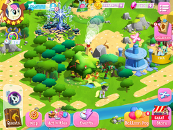 Size: 2048x1536 | Tagged: safe, gameloft, bon bon, derpy hooves, sweetie drops, tree of harmony, pegasus, pony, g4, element of kindness, fluttershy's cottage, game screencap, harmony stones, house, tree