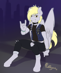 Size: 1280x1527 | Tagged: safe, artist:punk-pegasus, oc, oc only, oc:golden aegis, anthro, unguligrade anthro, clothes, collar, devil horn (gesture), iron front, not derpy, punk, ripped pants, solo