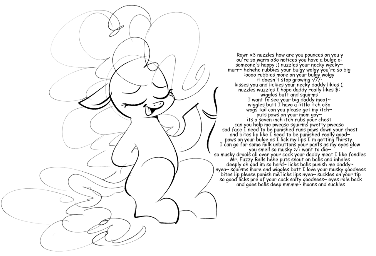 #1693366 - suggestive, artist:hattsy-nsfw, pinkie pie, earth pony, pony,  g4, copypasta, dialogue, explicit text, eyes closed, female, floppy ears,  meme, monochrome, o3o, open mouth, owo, raised hoof, sitting, solo, text,  wall of text - Derpibooru