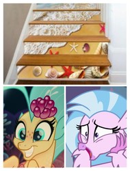 Size: 3106x4096 | Tagged: safe, edit, edited screencap, screencap, princess skystar, silverstream, classical hippogriff, hippogriff, seapony (g4), g4, my little pony: the movie, school daze, coral, cousins, cute, diastreamies, flower, flower in hair, flowing mane, jewelry, necklace, ocean, pearl necklace, princess skystar does loves shells, seaquestria, seashore, shell, skyabetes, stairs, that hippogriff sure does love stairs, that seapony sure does love shells, underwater, water