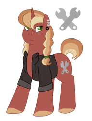 Size: 1435x1891 | Tagged: safe, artist:sylver-unicorn, oc, oc only, oc:gingerbread, pony, unicorn, clothes, ear piercing, female, jacket, leather jacket, magical gay spawn, mare, nose piercing, offspring, parent:donut joe, parent:sunburst, piercing, simple background, solo, transparent background