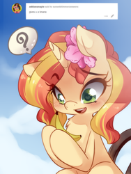 Size: 768x1024 | Tagged: safe, artist:loyaldis, sunset shimmer, pony, unicorn, g4, ask, banana, blushing, confused, female, flower, flower in hair, food, heart eyes, hoof hold, mare, question mark, solo, tumblr, wingding eyes
