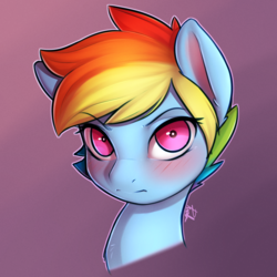 Size: 2000x2000 | Tagged: safe, artist:captainpudgemuffin, rainbow dash, pegasus, pony, g4, alternate hairstyle, angry, blushing, bust, eyebrows, eyebrows visible through hair, female, frown, gradient background, high res, looking at you, mare, portrait, short hair, short hair rainbow dash, signature, solo