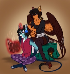 Size: 1870x1964 | Tagged: safe, artist:blackblood-queen, oc, oc:annie belle, oc:daniel dasher, dracony, hybrid, pegasus, unicorn, anthro, unguligrade anthro, anthro oc, book, brother and sister, clothes, cloven hooves, crossdressing, female, flower, flower in hair, glowing horn, horn, leonine tail, magic, male