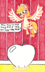 Size: 2029x3266 | Tagged: safe, artist:eternaljonathan, applejack, original species, g4, apple, barn, crayon, crayon drawing, egg, flying, food, harpy pony, high res, species swap, traditional art