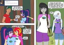 Size: 1280x900 | Tagged: safe, artist:deltalima, octavia melody, sci-twi, sunset shimmer, timber spruce, trixie, twilight sparkle, equestria girls, g4, alternate universe, camp everfree outfits, cockblock, dialogue, female, imminent sex, implied lesbian, lesbian, ship:sci-twishimmer, ship:sunsetsparkle, shipping