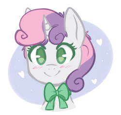 Size: 430x410 | Tagged: safe, artist:higglytownhero, sweetie belle, pony, unicorn, g4, blushing, bow, bust, colored pupils, cute, daaaaaaaaaaaw, diasweetes, female, filly, heart, hnnng, portrait, simple background, smiling, solo, white background