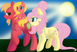 Size: 1024x688 | Tagged: safe, artist:leanne264, big macintosh, fluttershy, oc, oc:sweet apple, pegasus, pony, g4, alternate hairstyle, base used, facial hair, family, female, filly, goatee, hair bun, male, offspring, older, parent:big macintosh, parent:fluttershy, parents:fluttermac, ponies riding ponies, riding, ship:fluttermac, shipping, straight, sweet apple riding bic macintosh