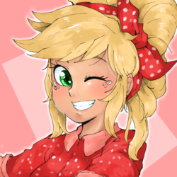 Size: 640x640 | Tagged: safe, artist:kogarasumaru24, applejack, human, equestria girls, equestria girls series, five to nine, g4, bandana, bust, clothes, cute, female, human coloration, humanized, jackabetes, looking at you, one eye closed, pink background, simple background, smiling, solo, wink